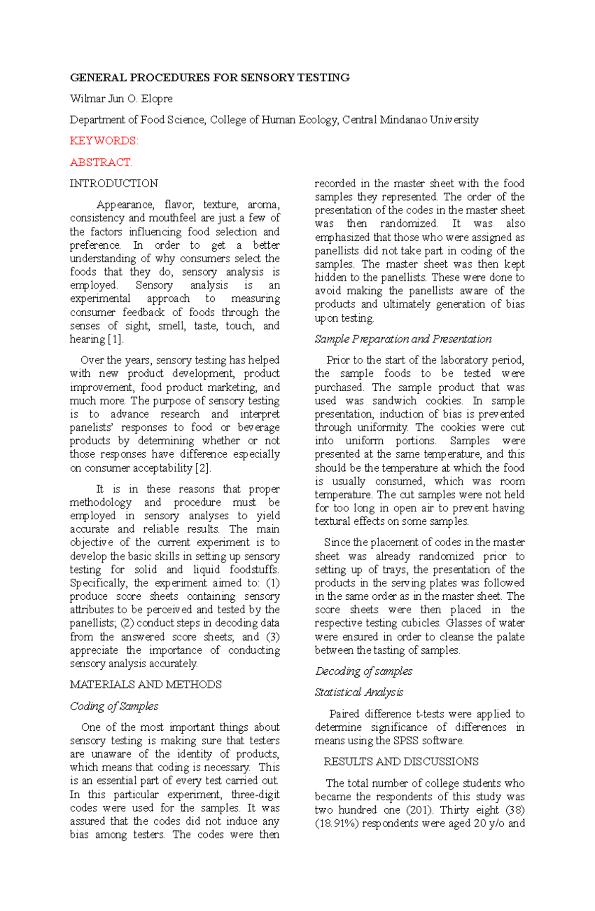 Sensory Lab Report 1 - Methodologies and Findings for Food Testing ...