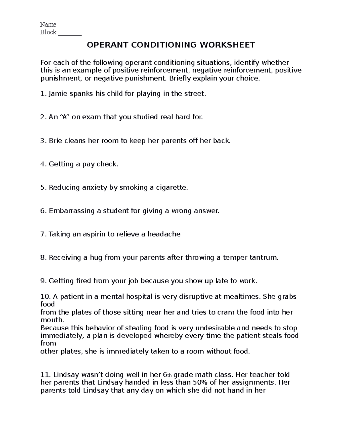 Operant Conditioning Worksheet: Reinforcement Types & Schedules - Studocu