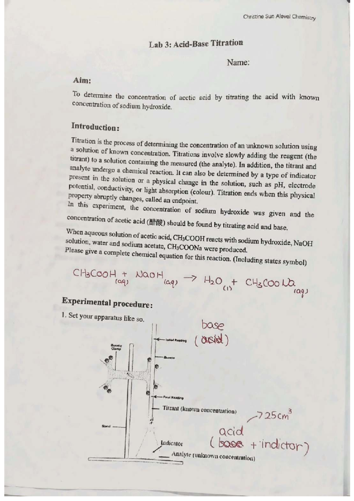 Alevel Chemistry Lab 3: Titration of Acetic Acid with NaOH - Studocu