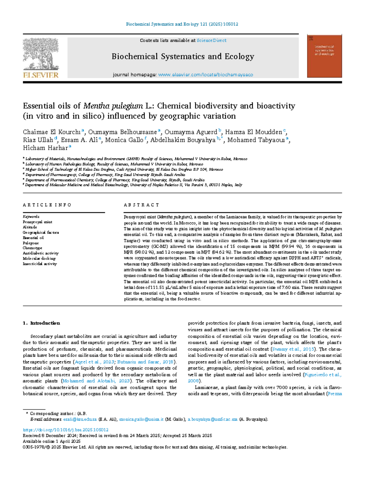 Essential Oils of Mentha pulegium L. (ESE 121): Chemical Diversity ...