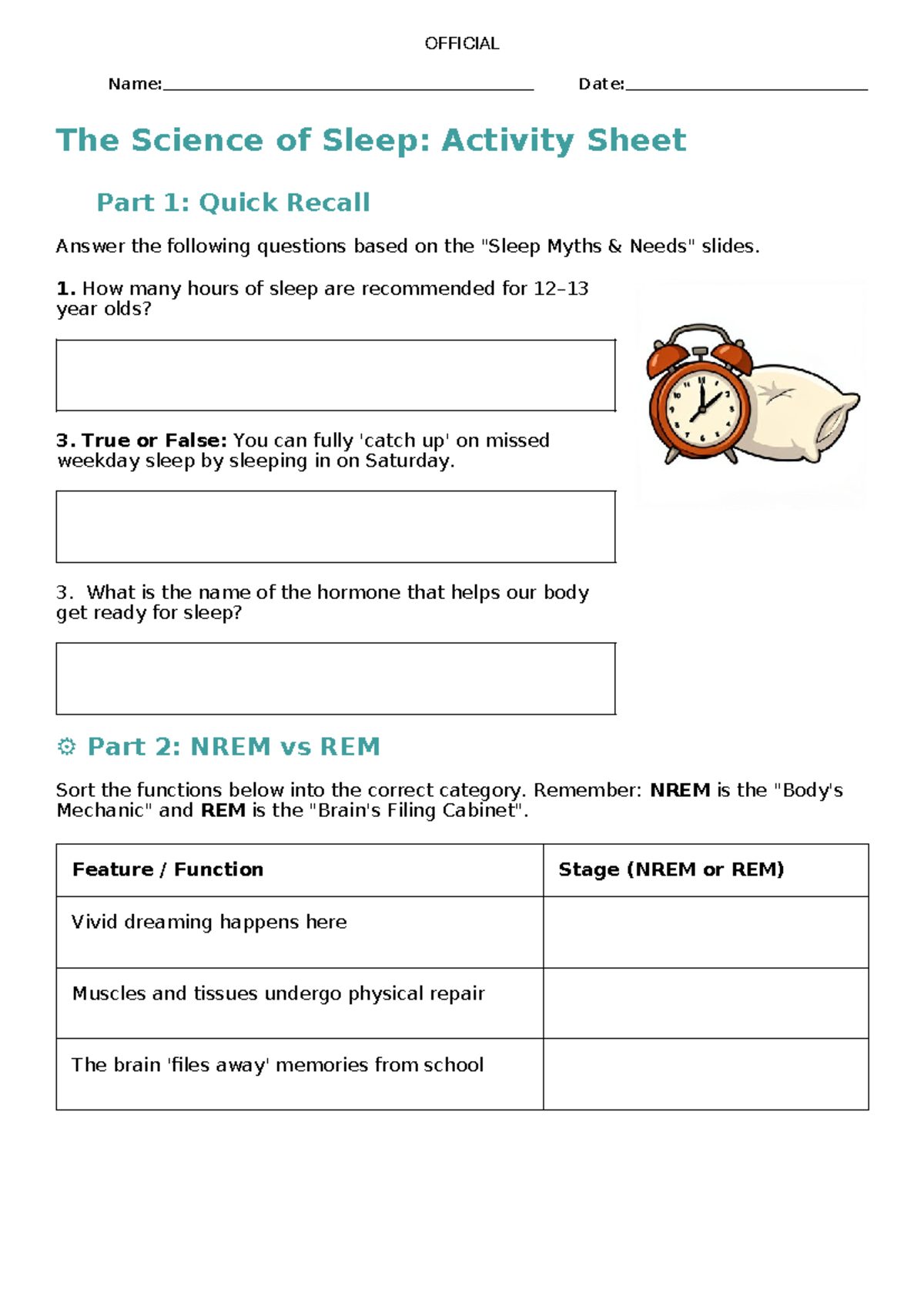Lesson 2 - Science of Sleep: Activity Sheet & Reflection - Studocu