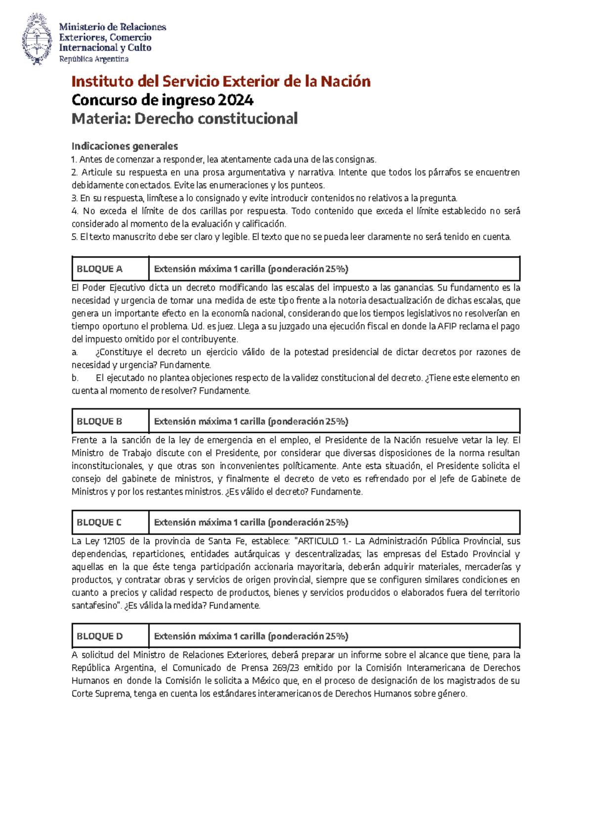 Ejemplo de Examen - Derecho Constitucional 2024 - Studocu