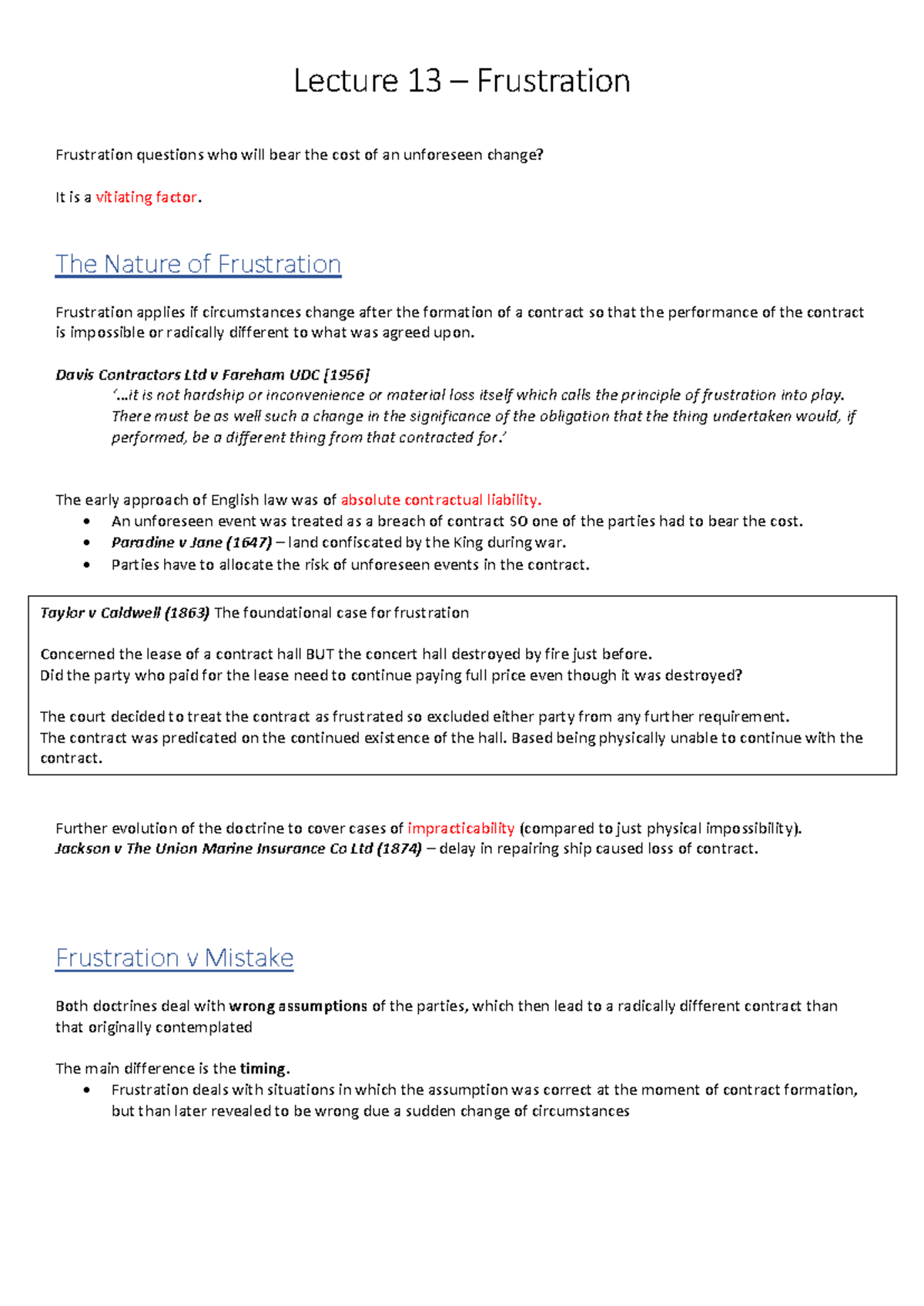 Frustration Contract Law Lecture notes - Lecture 13 – Frustration ...