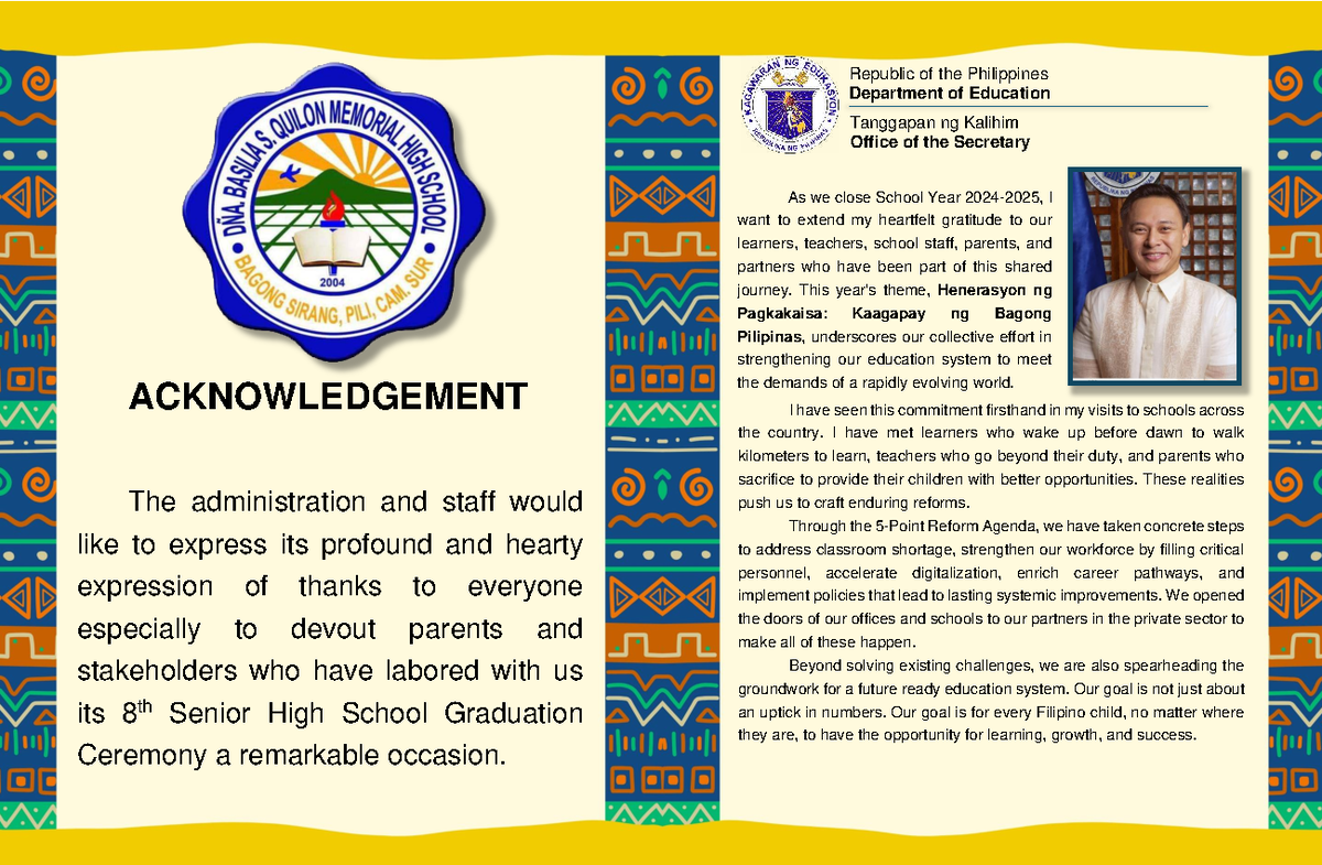Acknowledgment Speech for 8th Senior High School Graduation Ceremony ...
