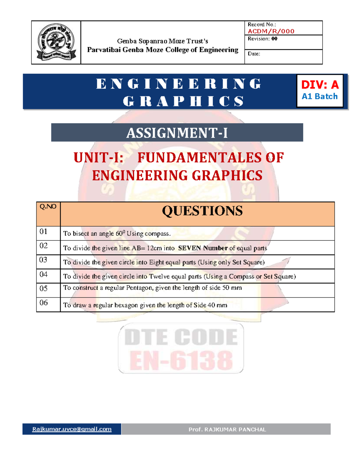Engineering Graphics Fundamentals - A3 Batch Assignment 1 - Studocu