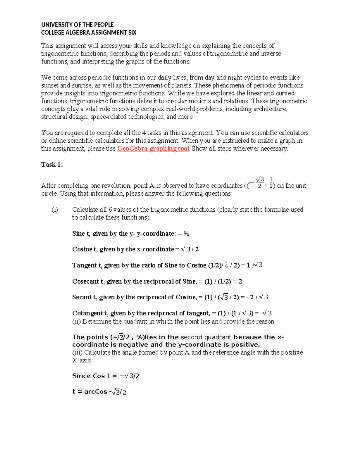 College Algebra Assignment 6: Trigonometric Functions & Applications ...