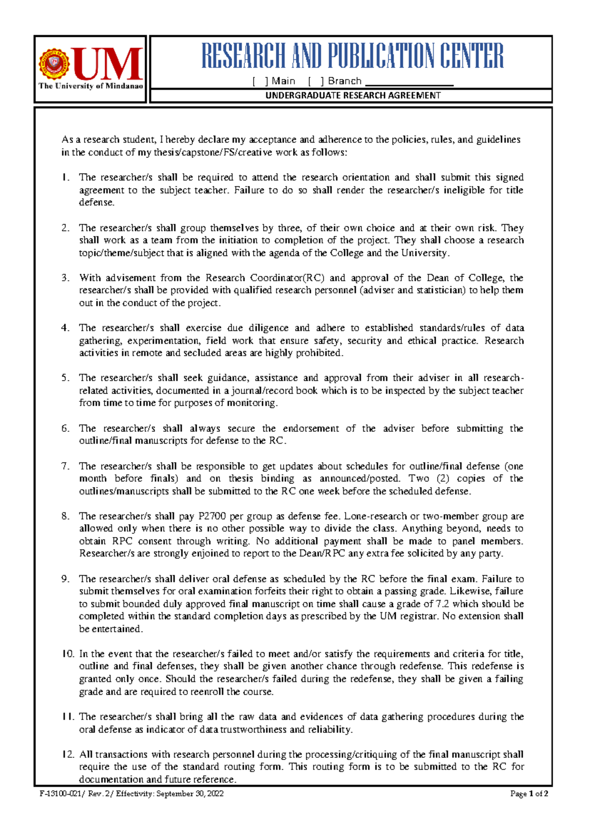Undergraduate Research Agreement Form F-13100 - Important Guidelines ...