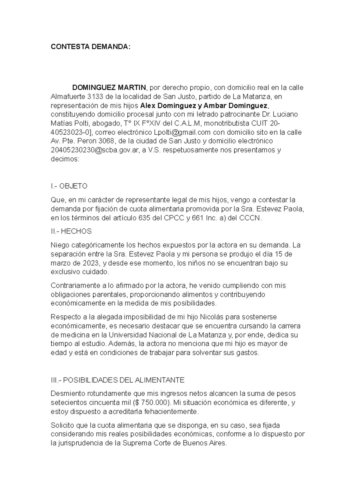 Contestación de Demanda de Alimentos - Caso Dominguez Vs Estevez - Document Preview