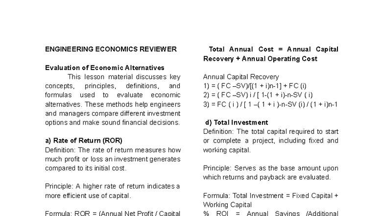 ENGR 101: Engineering Economics Lesson on Economic Alternatives ...