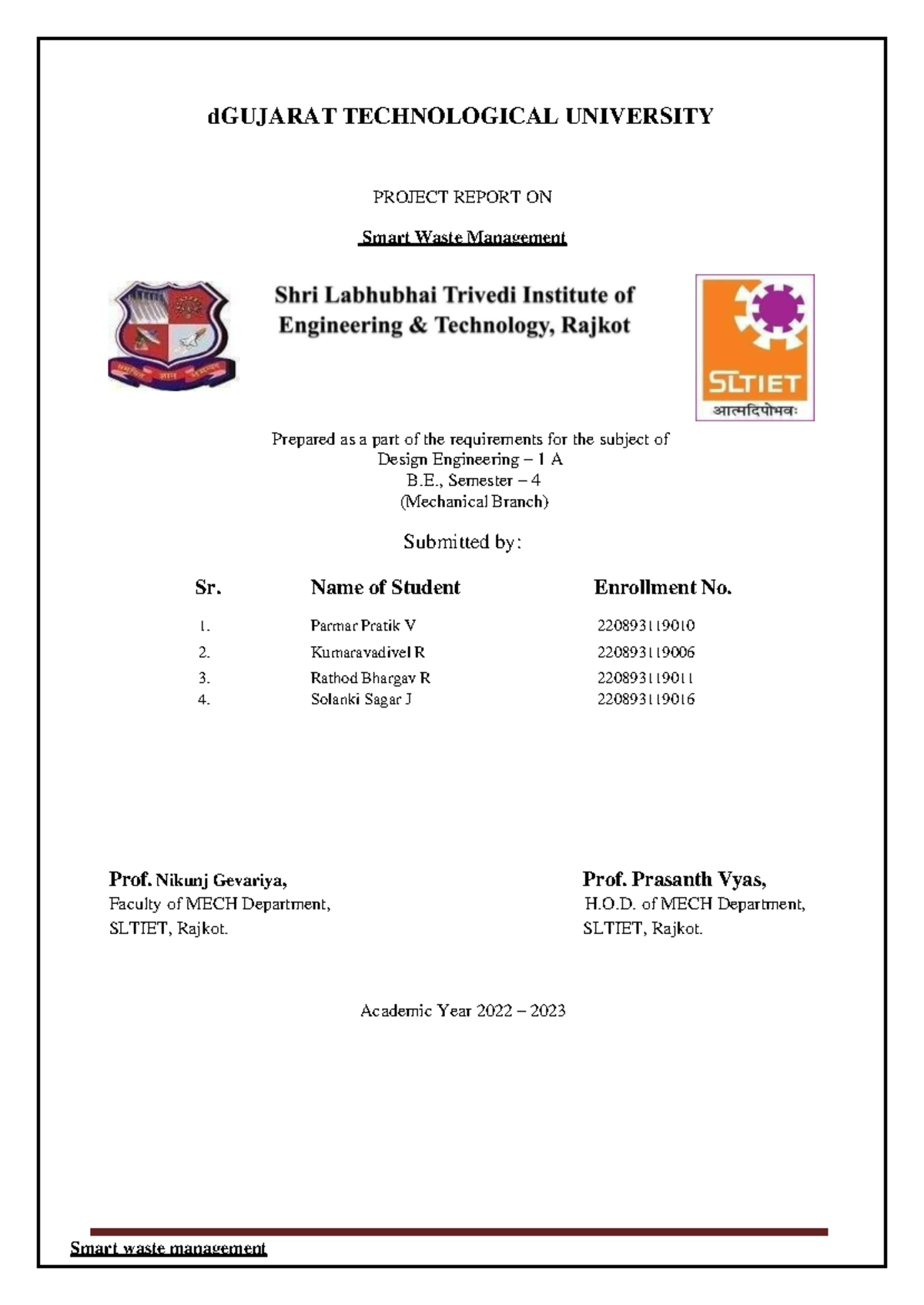 DE-1A Project Report: Smart Waste Management Innovations - Document Preview