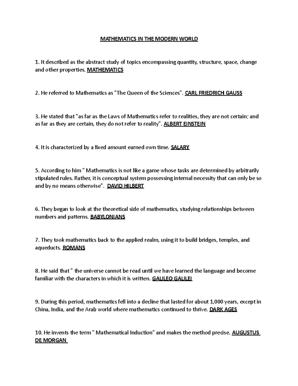 Mathematics IN THE Modern World - MATHEMATICS IN THE MODERN WORLD It ...
