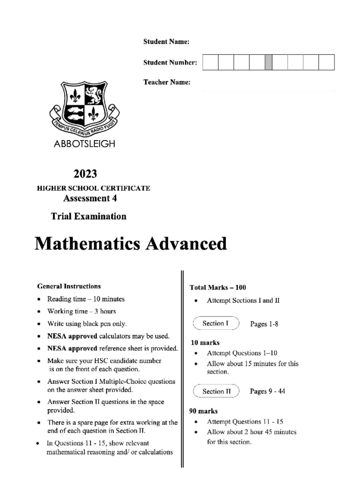 Caringbah High 2024 HSC Trial Exam: Mathematics Advanced Paper - Studocu