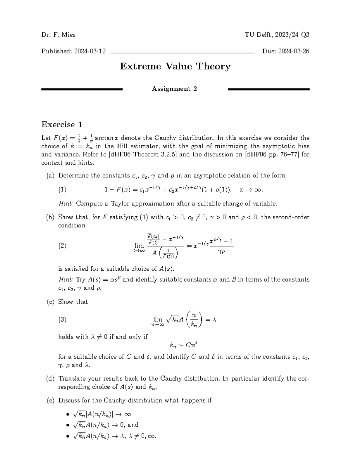 EVT 2024 Assignment 2: Extreme Value Theory Exercises and Solutions ...