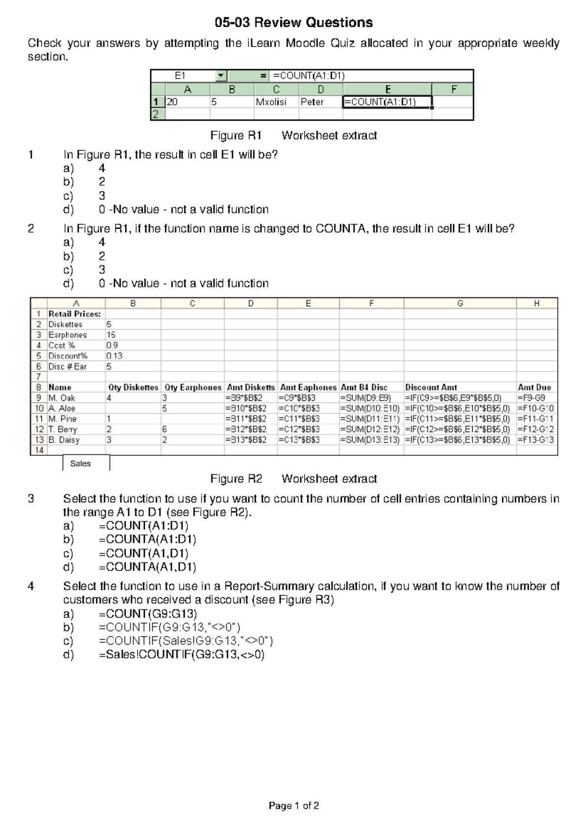 Spreadsheet Functions Review: 02-05-03c Quiz Practice Questions - Studocu