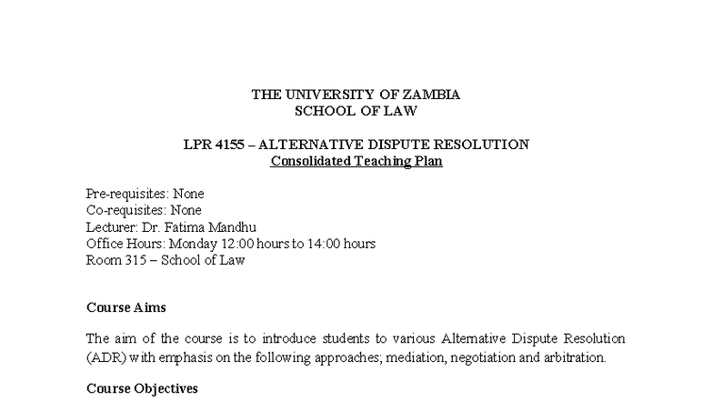 ADR LPR 4155 Teaching Plan - University of Zambia School of Law - Studocu