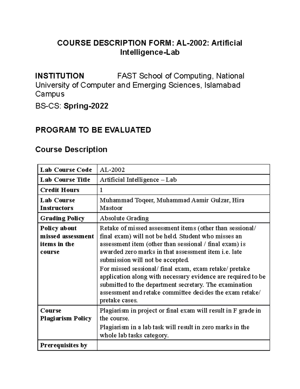 AL-2002 Artificial Intelligence Lab Course Outline - BS-CS Spring 2022 ...