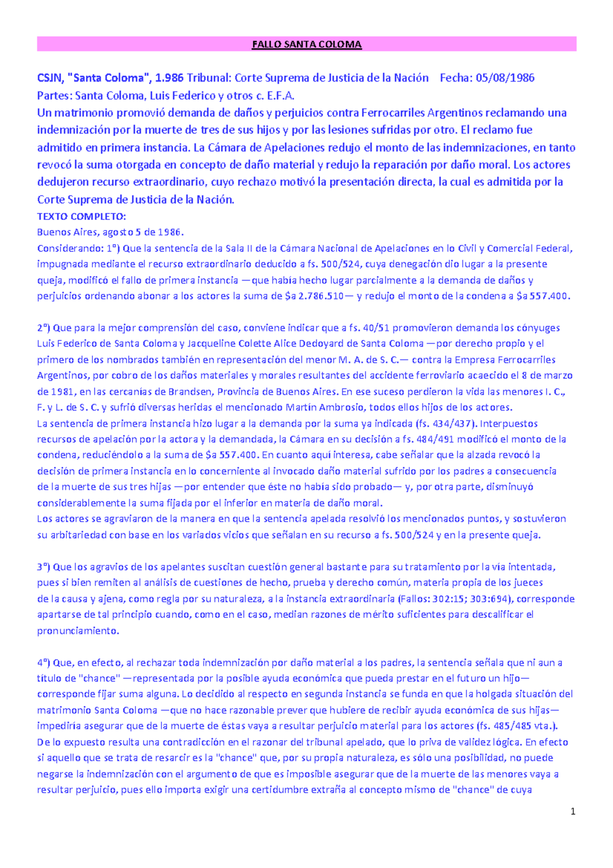 Fallo Santa Coloma - Caso de Daños y Perjuicios - CSJN - Studocu