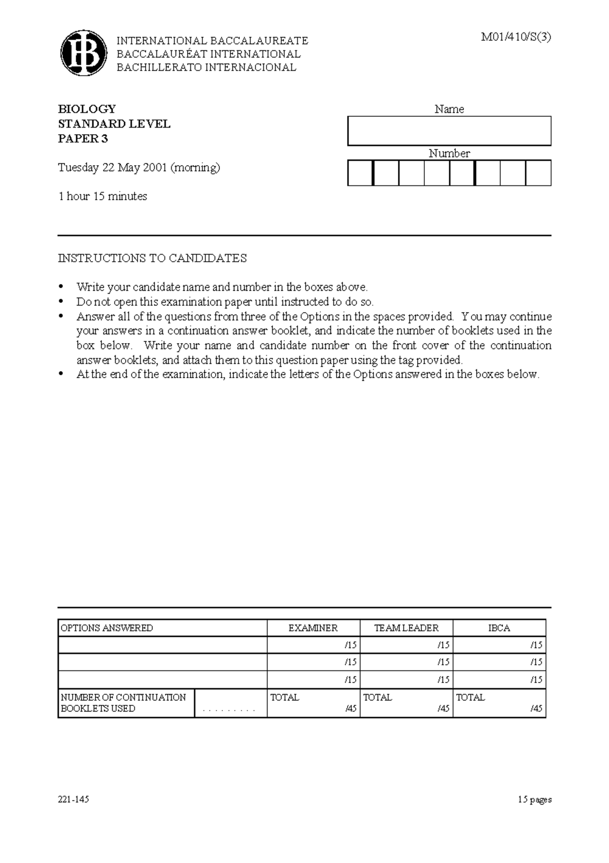 IB BIOLOGY SL PAPER 3 EXAMINATION - MAY 2001 - Studocu