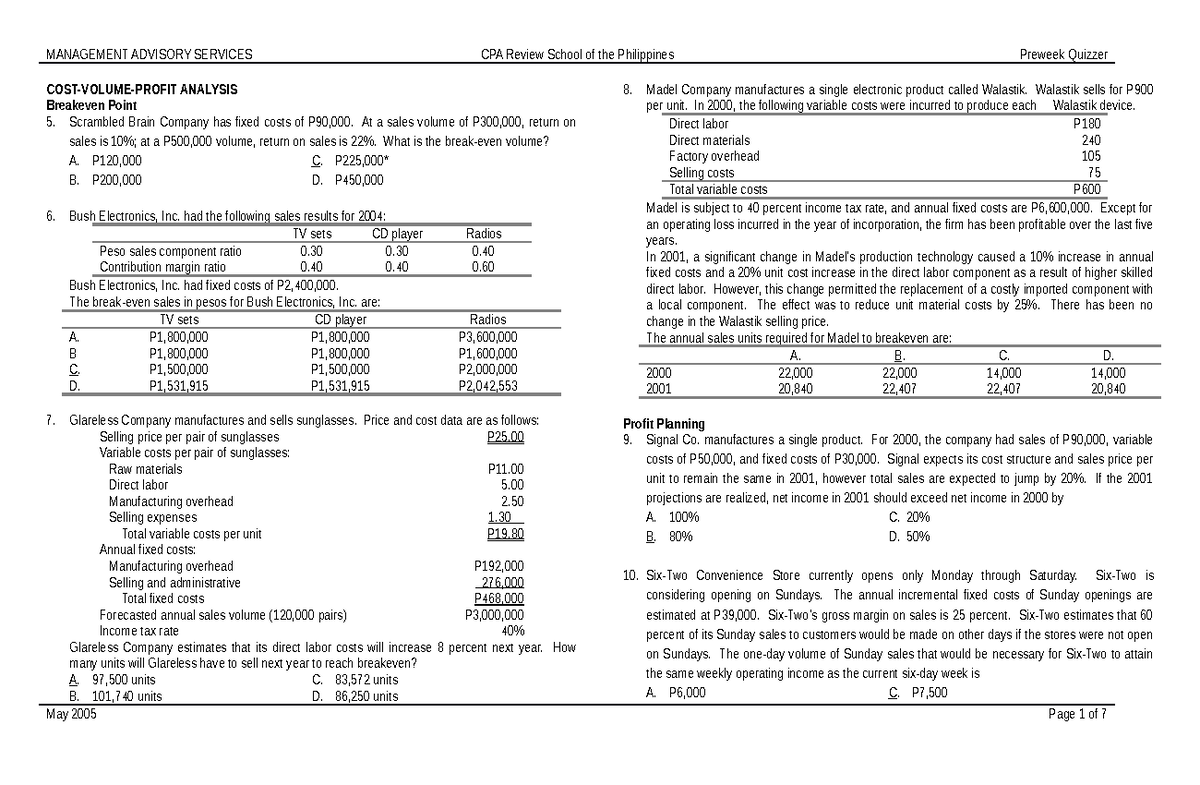 CVP-Analysis-Quiz Questions and Solutions - Studocu