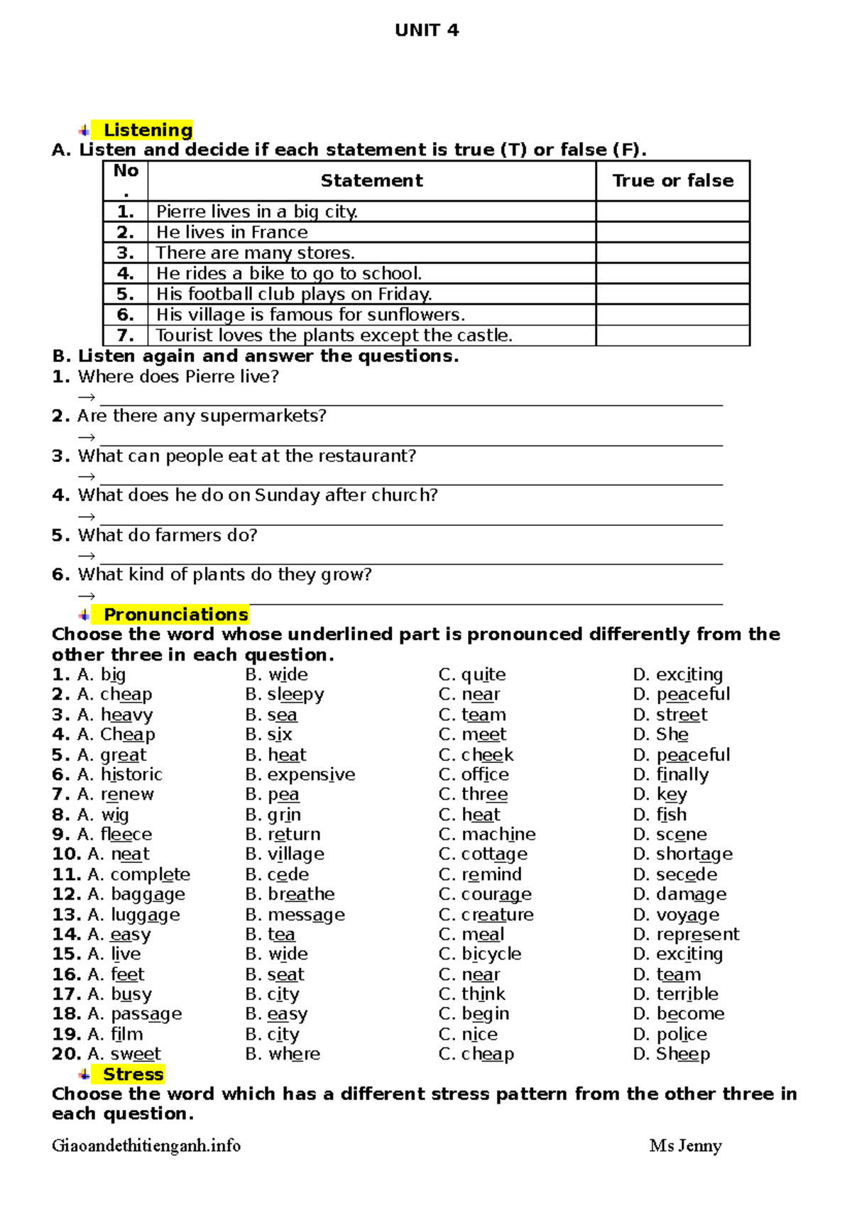 UNIT 4 - English Listening & Comprehension Practice - Studocu