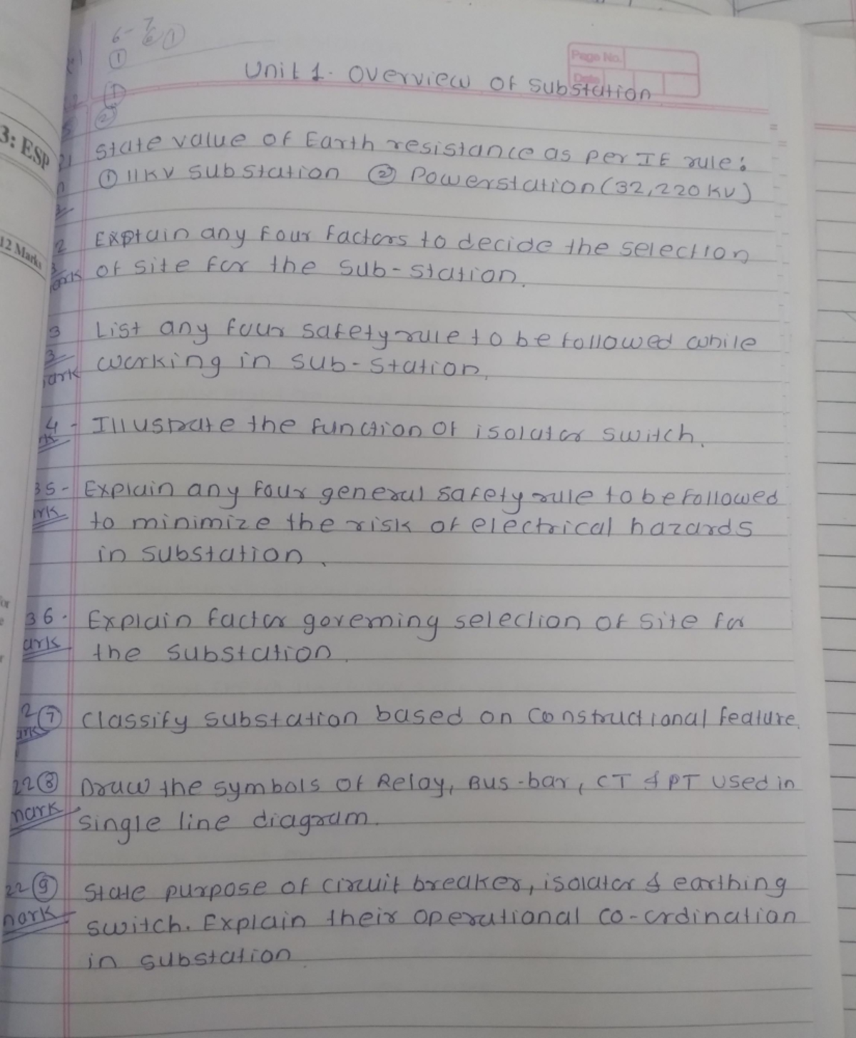 ESP Question Paper - 6 60 Page No. Unit 1 overview of Substation Date 2 ...