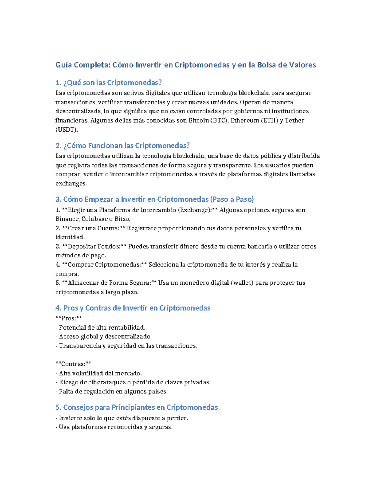 Invertir en Criptomonedas y Bolsa: Guía Completa para Principiantes -  Studocu