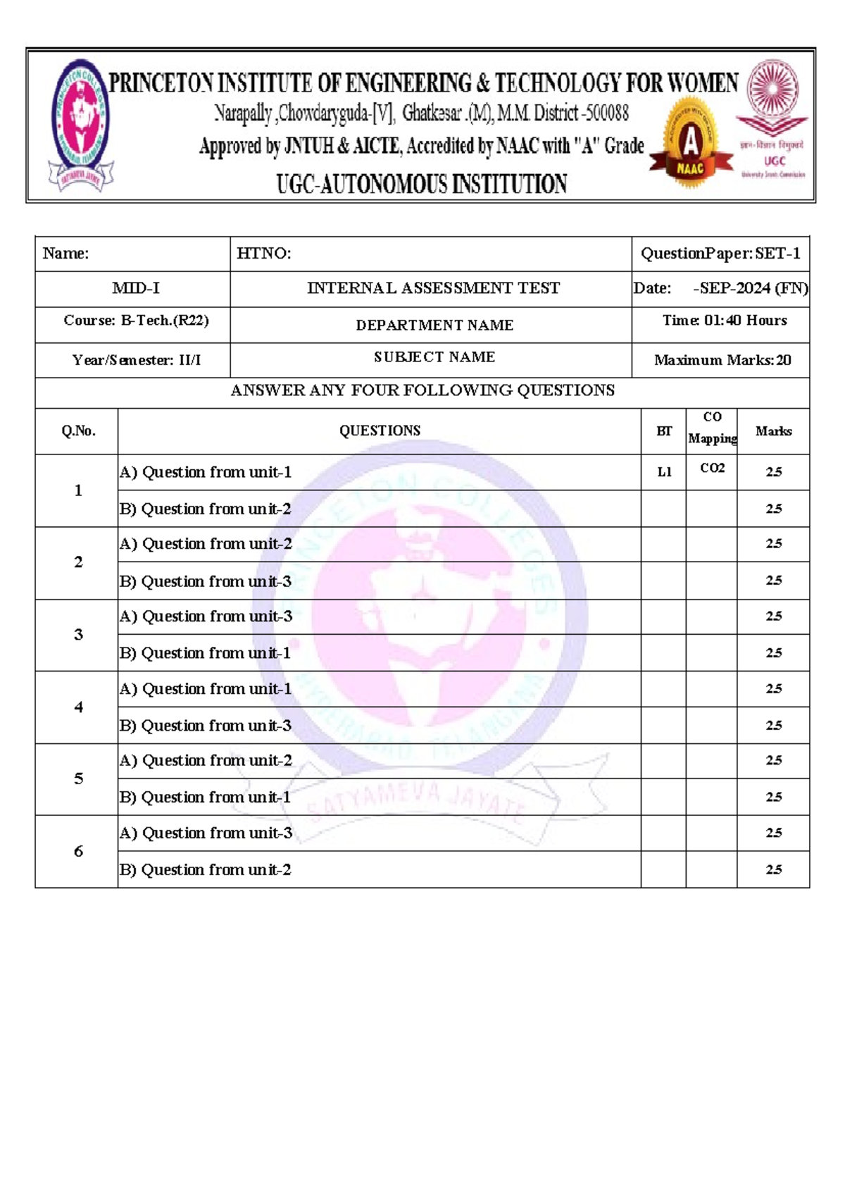B-Tech.(R22) MID-I Internal Assessment Test Questions - SEP 2024 - Studocu