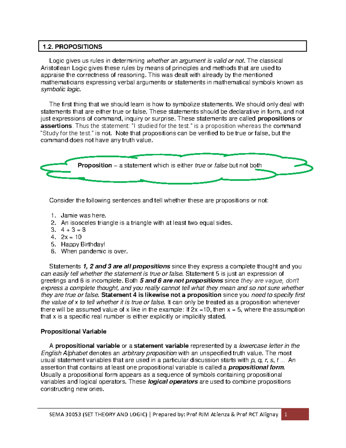 1.2. Propositions - Introduction to Logical Symbols - SEMA 30053 (SET ...