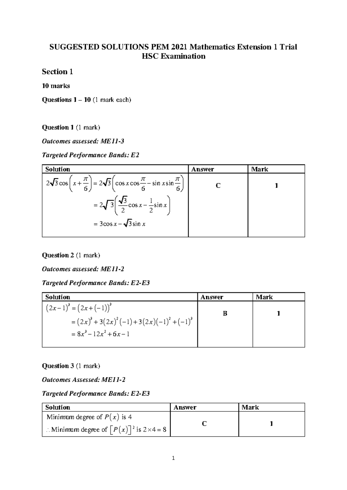 MAE PEM 2021 Mathematics Extension 1 Trial Exam Solutions - Studocu