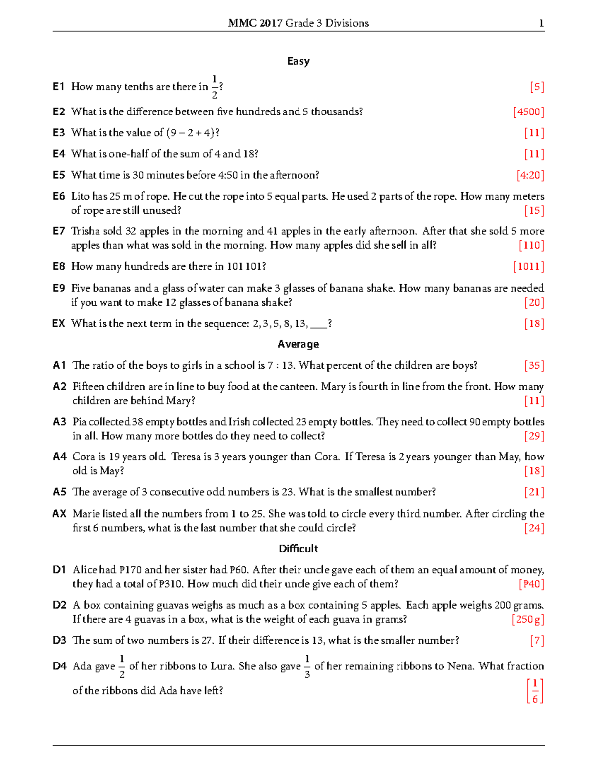 MMC 2017 Gr3 Div - Math Grade 3 Reviewer and Practice Questions - Studocu