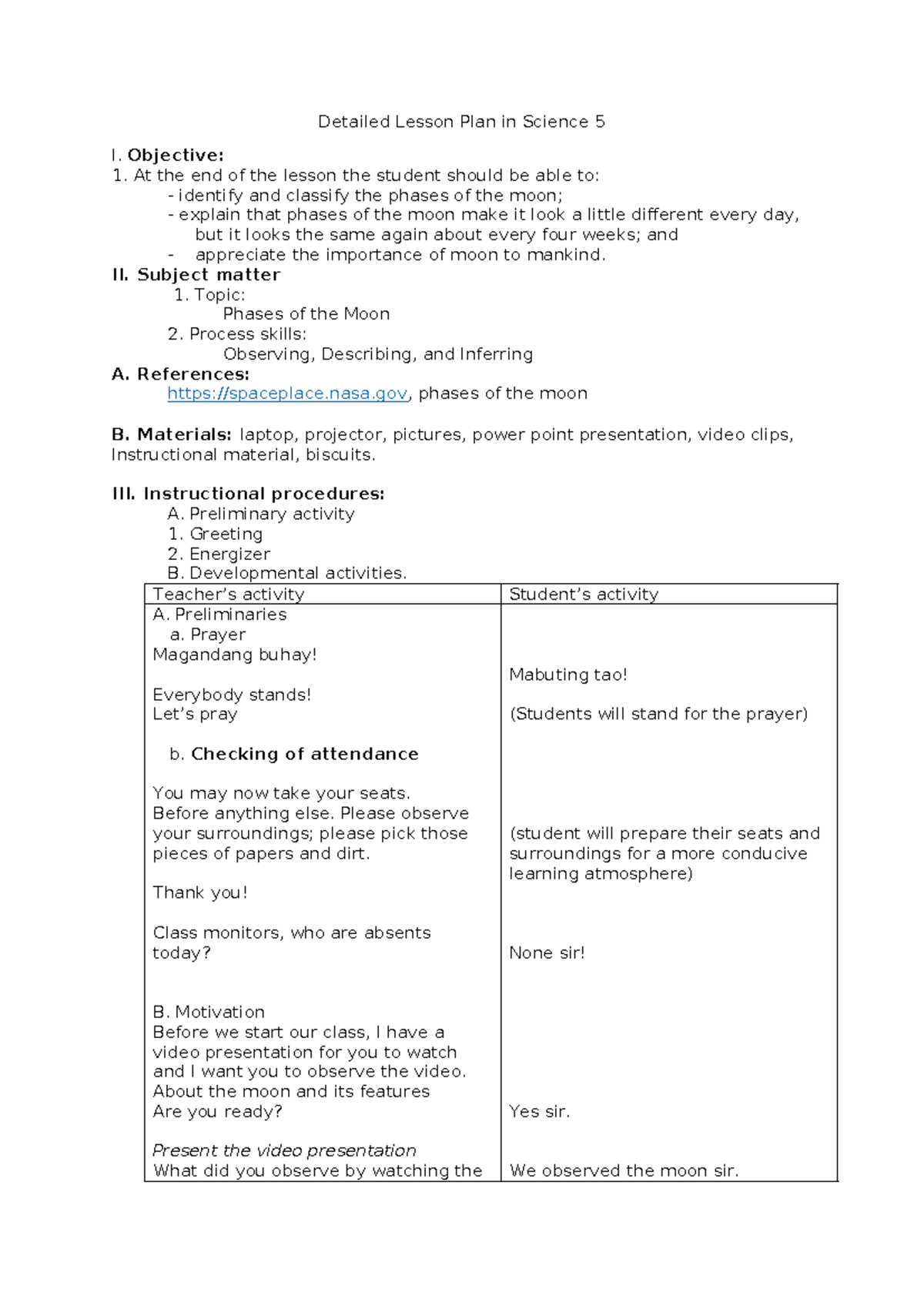 Phases of the moon - n/a - Detailed Lesson Plan in Science 5 I ...