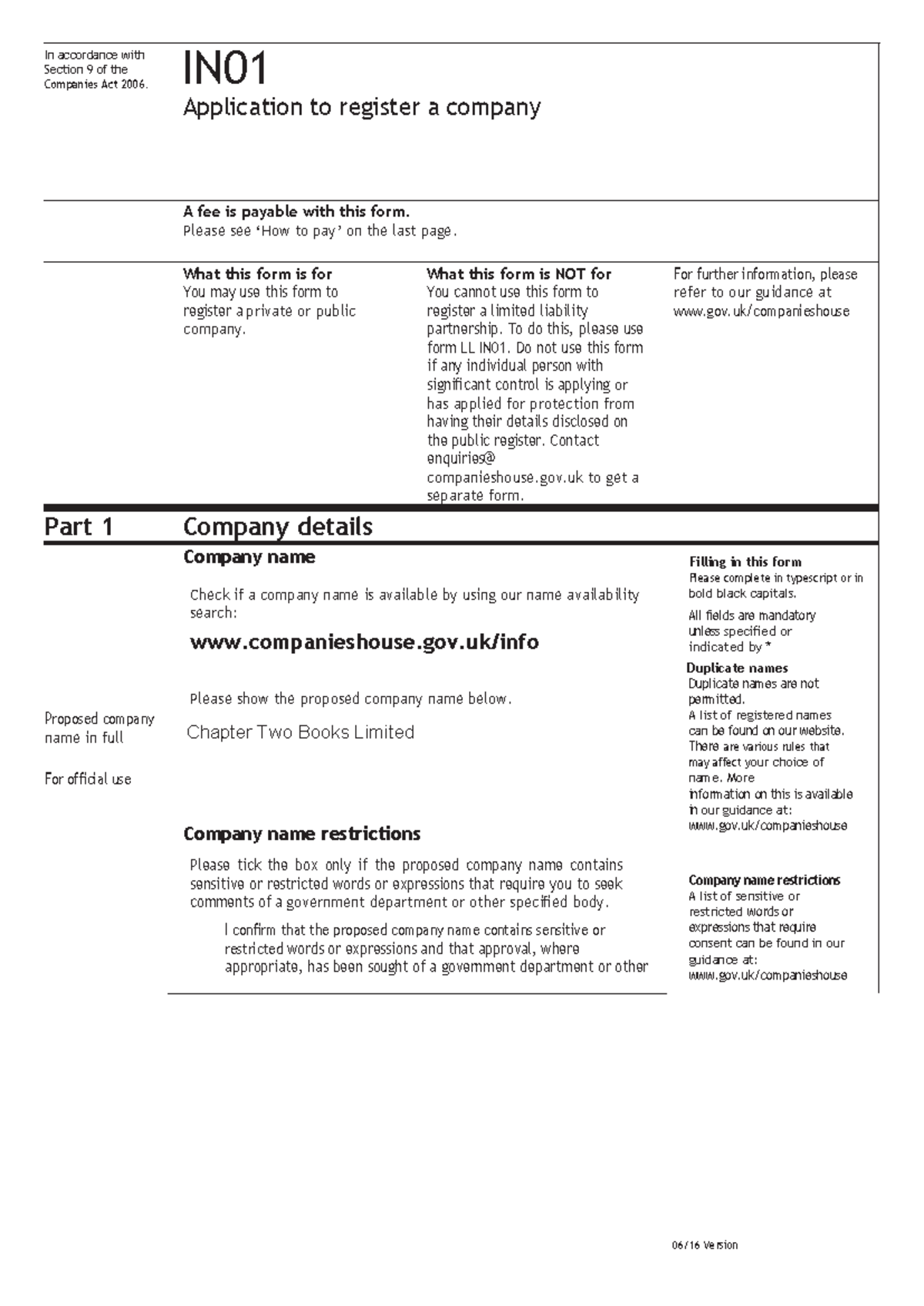 FORM IN01 - Application to Register a Company under Companies Act 2006 ...