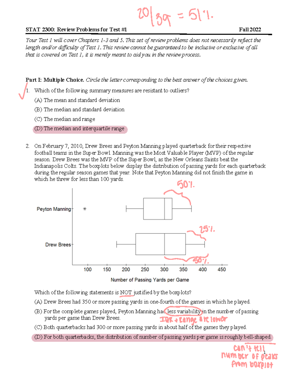 STAT 2300: Comprehensive Review for Test #1 - Fall 2022 - Studocu