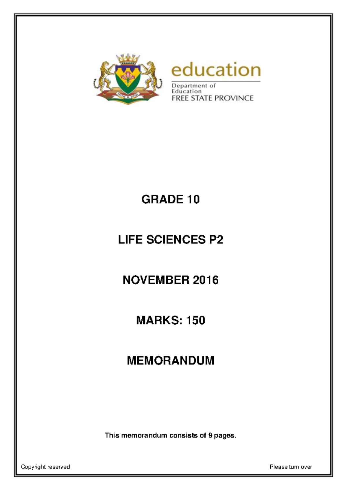 Grade 10 Life Sciences P2 November 2016 Memorandum - Studocu