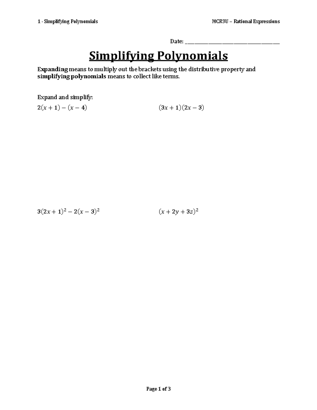 MCR3U Final Exam: Simplifying Polynomials & Rational Expressions - Studocu
