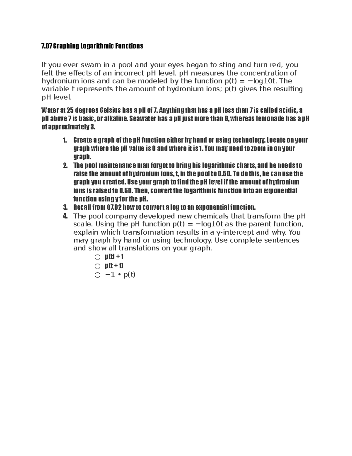 7.07 Final Exam Graphing Logarithmic Functions and pH Transformations ...