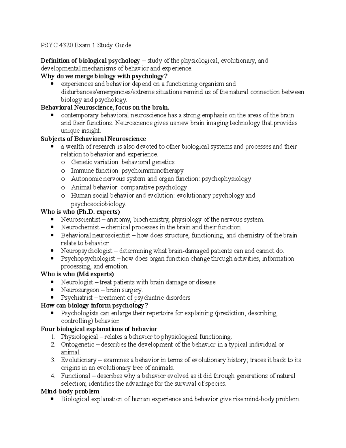 PSYC 4320 Exam 1 Study Guide: Key Concepts in Biological Psychology ...