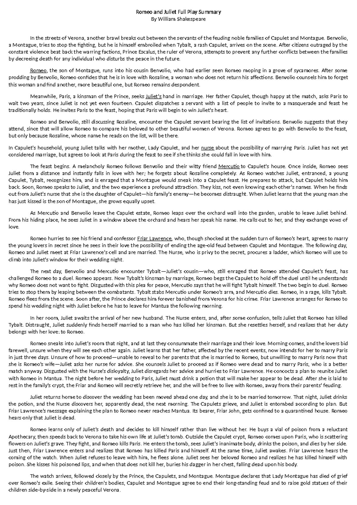 ENG 101: Romeo and Juliet - Comprehensive Play Summary - Studocu