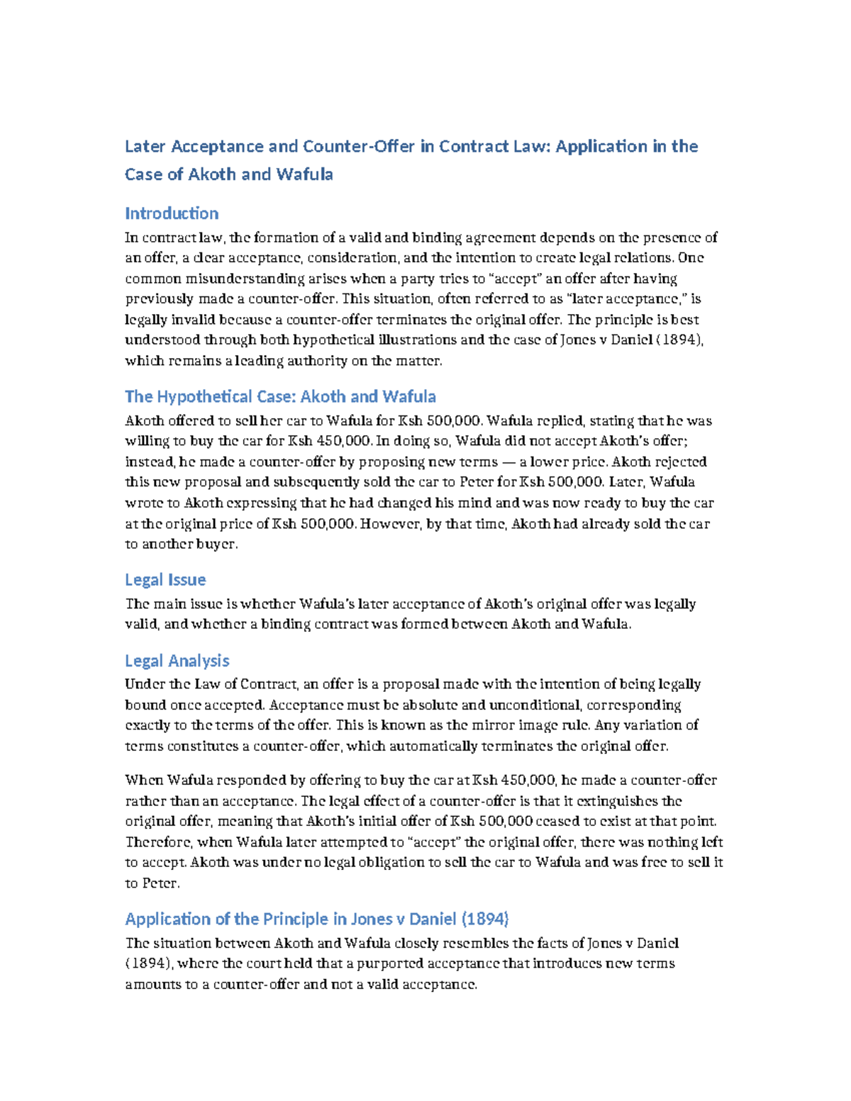 Later Acceptance and Counter Offer in Contract Law: Akoth vs Wafula ...