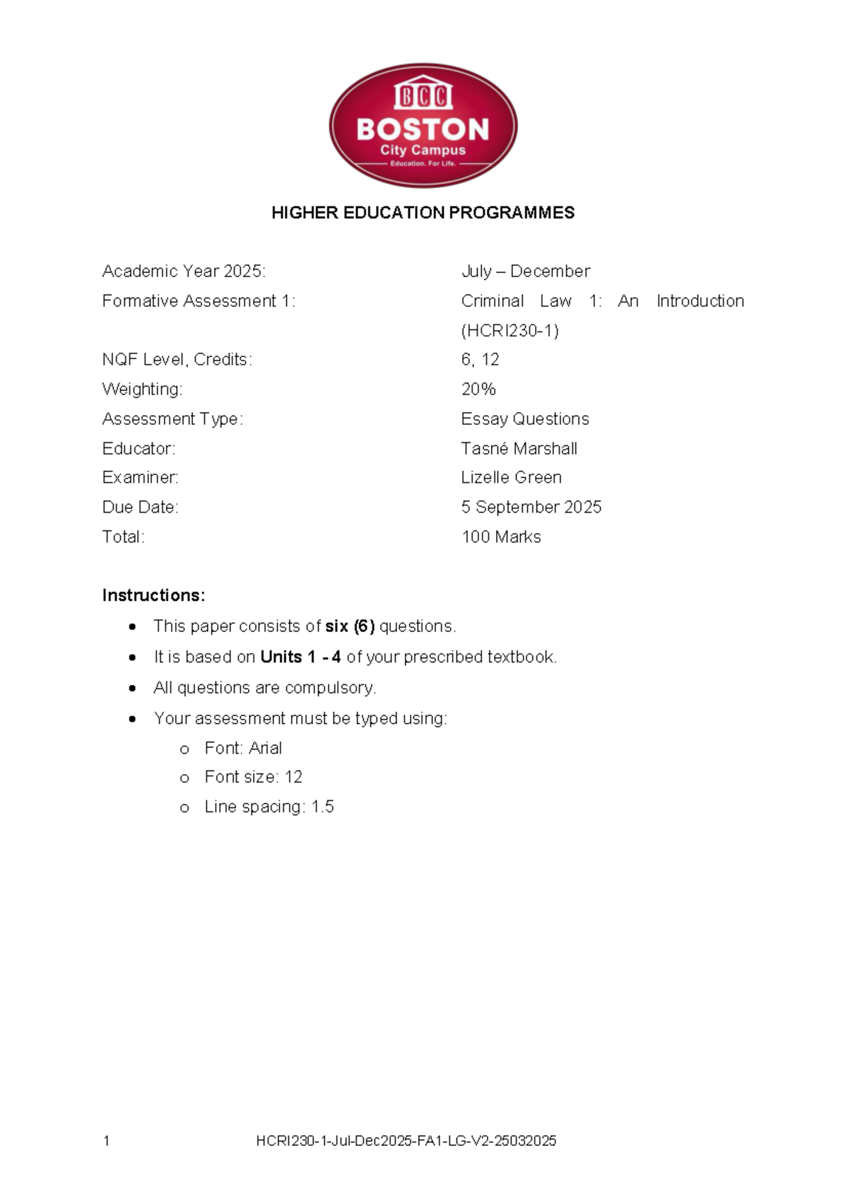 Criminal Law 1: Formative Assessment 1 (NQF Level 6) - July-Dec 2025 ...