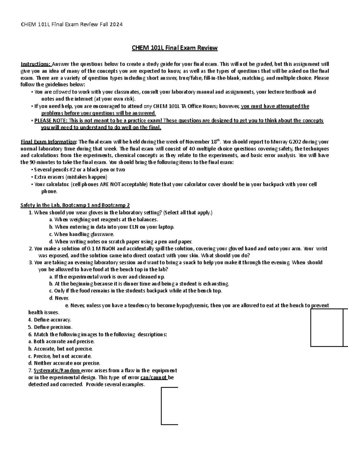 CHEM 101L Final Exam Study Guide Fall 2024 - Studocu
