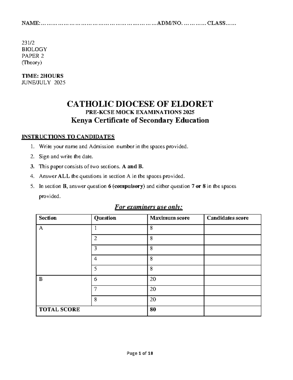BIOLOGY PAPER 2 (Theory) - 2025 Mock Exam Guide - Studocu