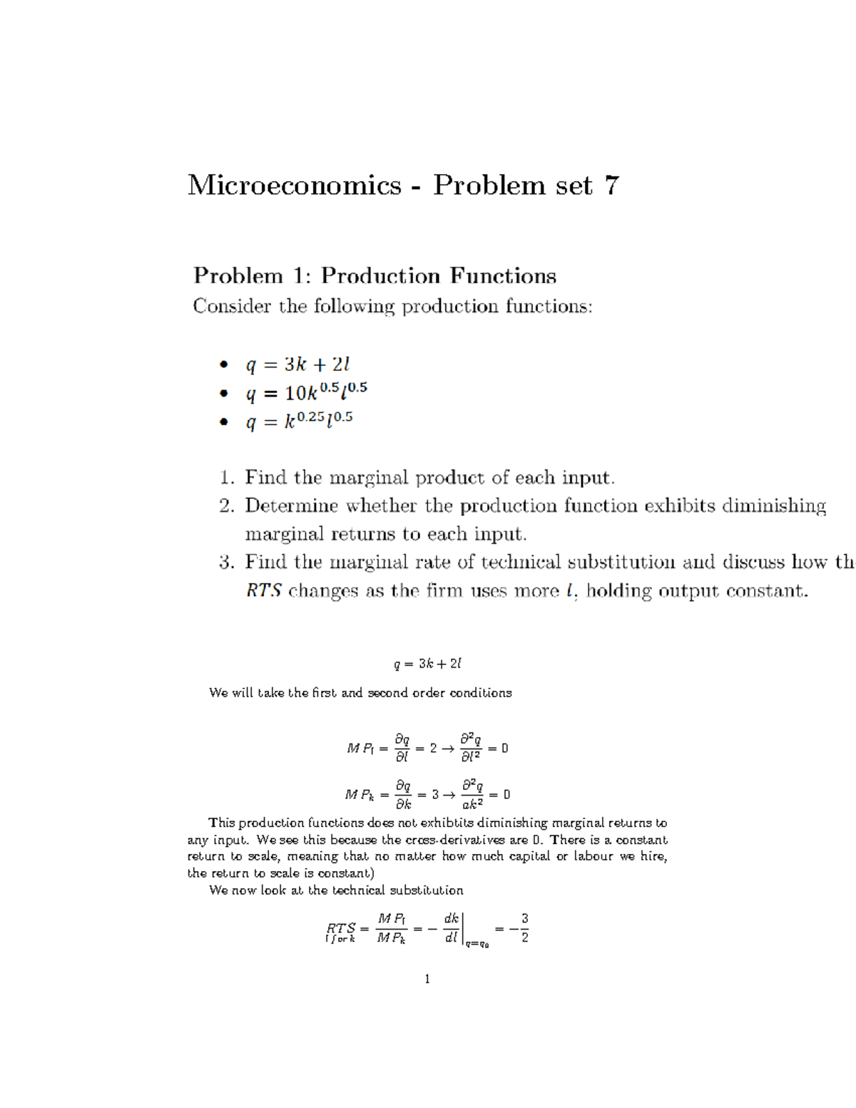Microeconomics Problem Set 7: Analysis of Production Functions and ...