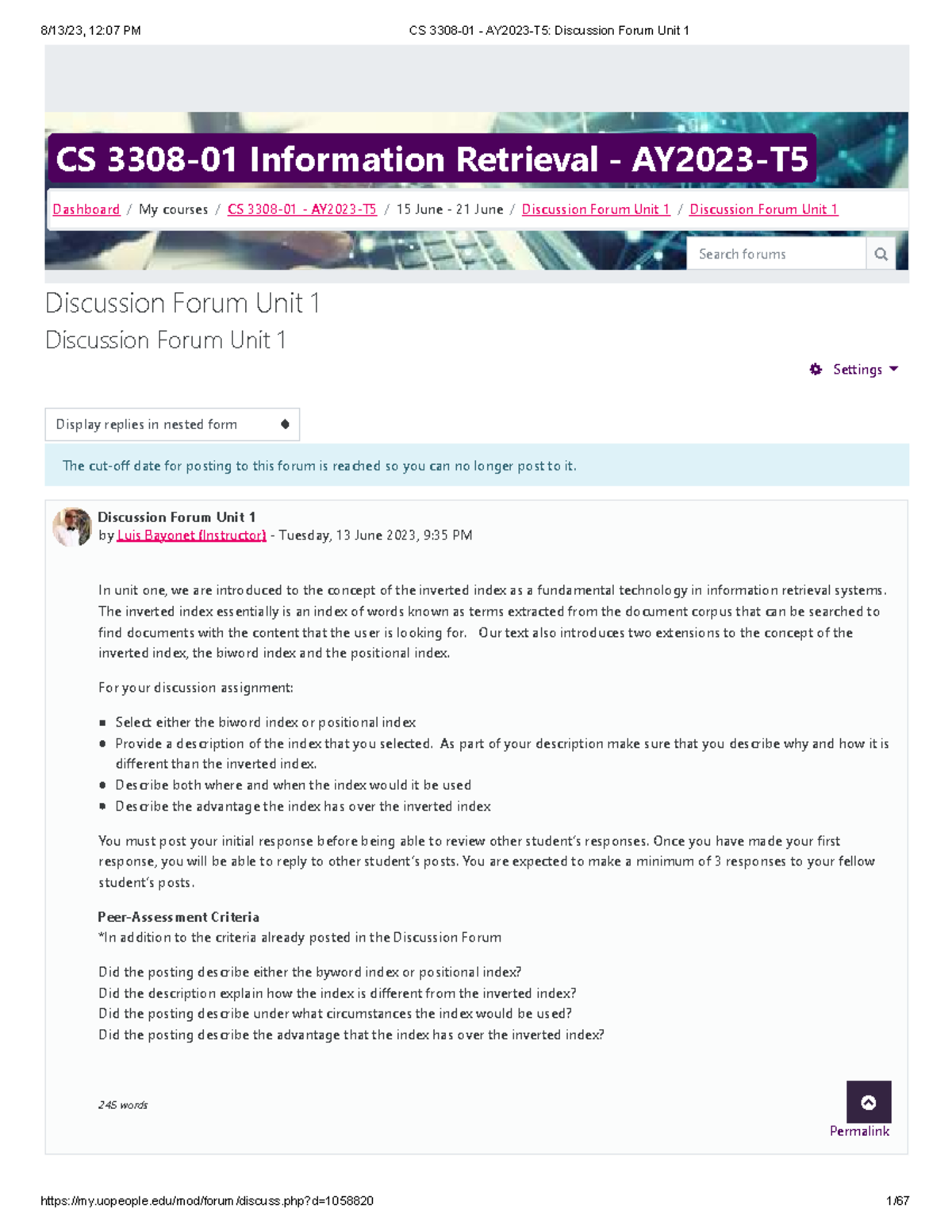 CS 3308 Discussion Forum Unit 1: Exploring Positional vs. Inverted ...