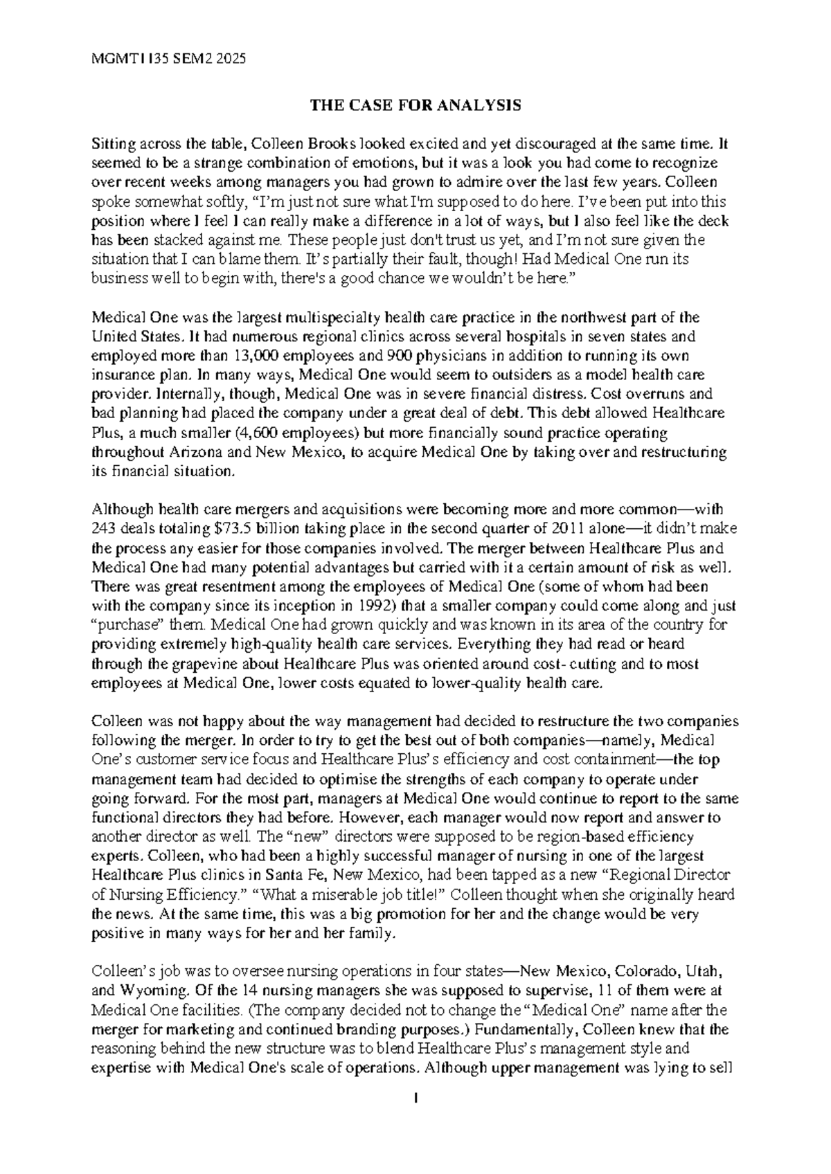 MGMT1135 SEM2 2025 Case Study Analysis: Colleen Brooks' Leadership ...