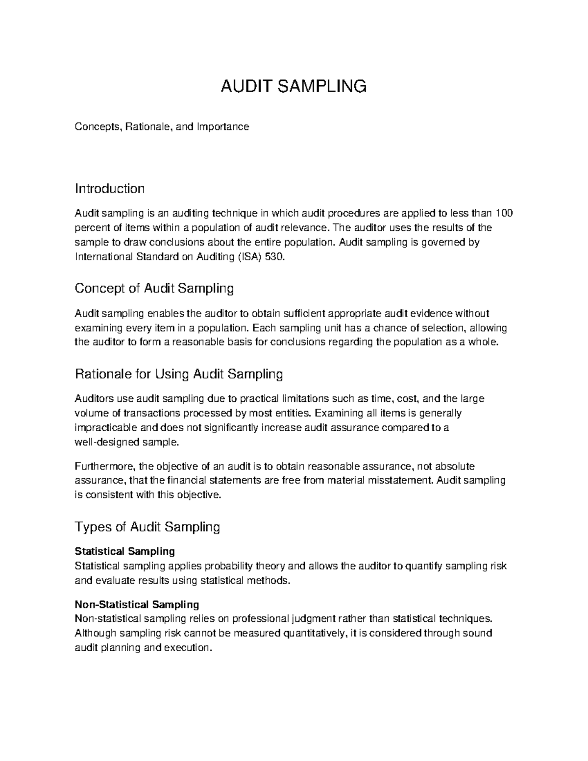 AUDIT 101: Audit Sampling Concepts, Rationale, and Importance - Studocu