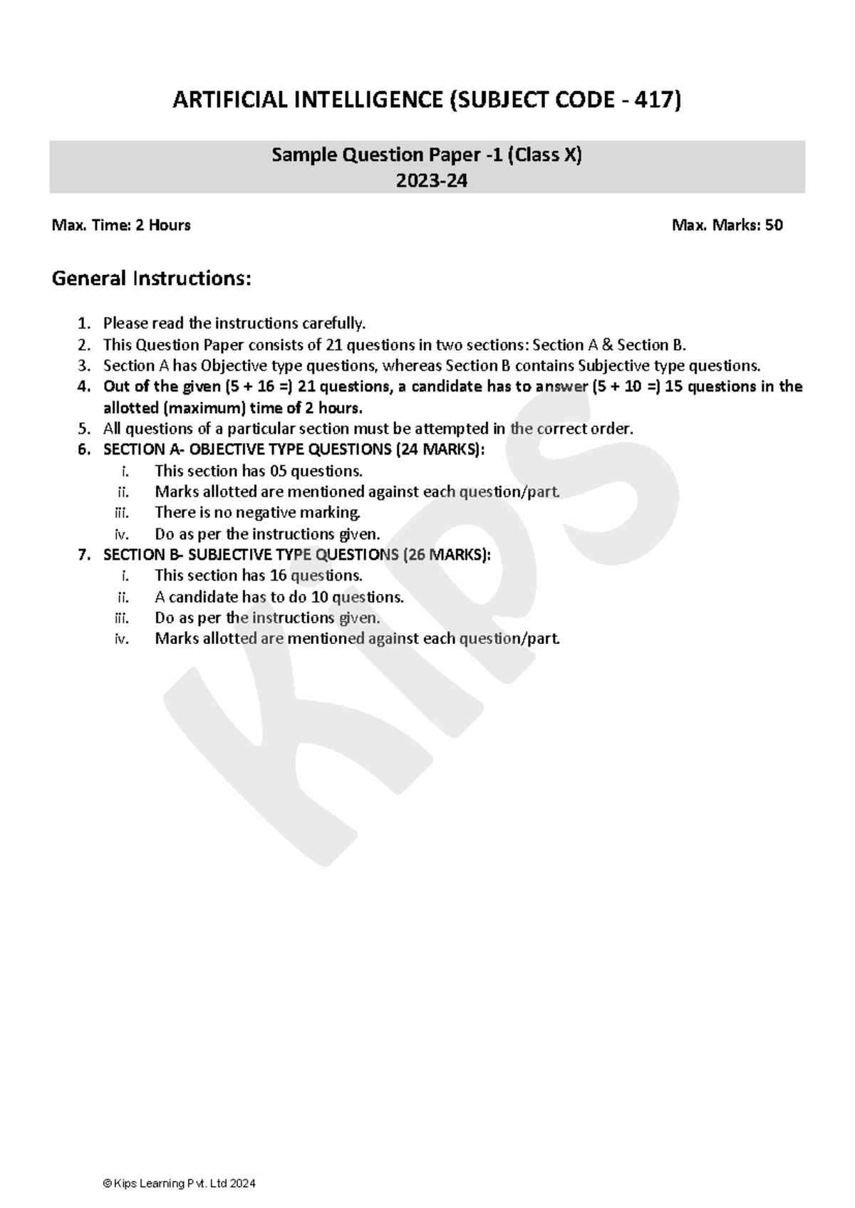 688087915 AI Class 10 Sample Paper 1 2024 - ARTIFICIAL INTELLIGENCE ...