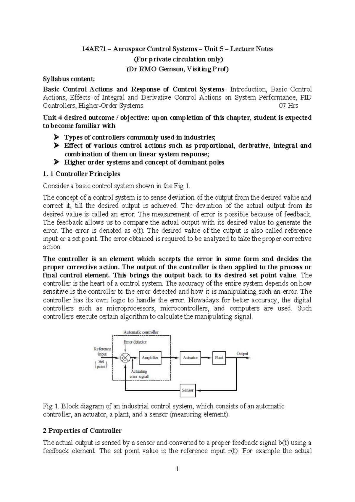 14AE71 Aerospace Control Systems Unit 5: Controllers Overview Lecture ...