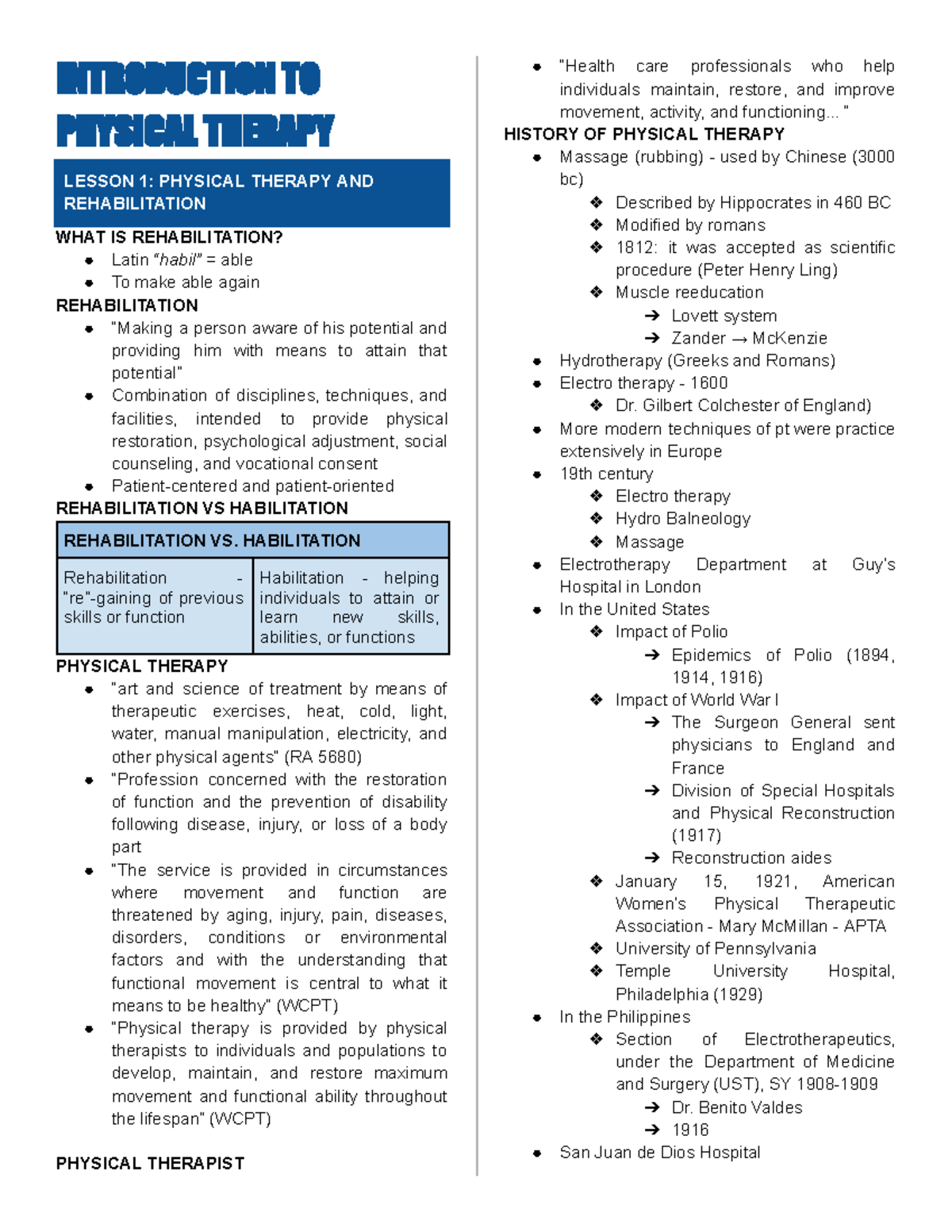 I PT Prelims Notes Copy - INTRODUCTION TO PHYSICAL THERAPY ...