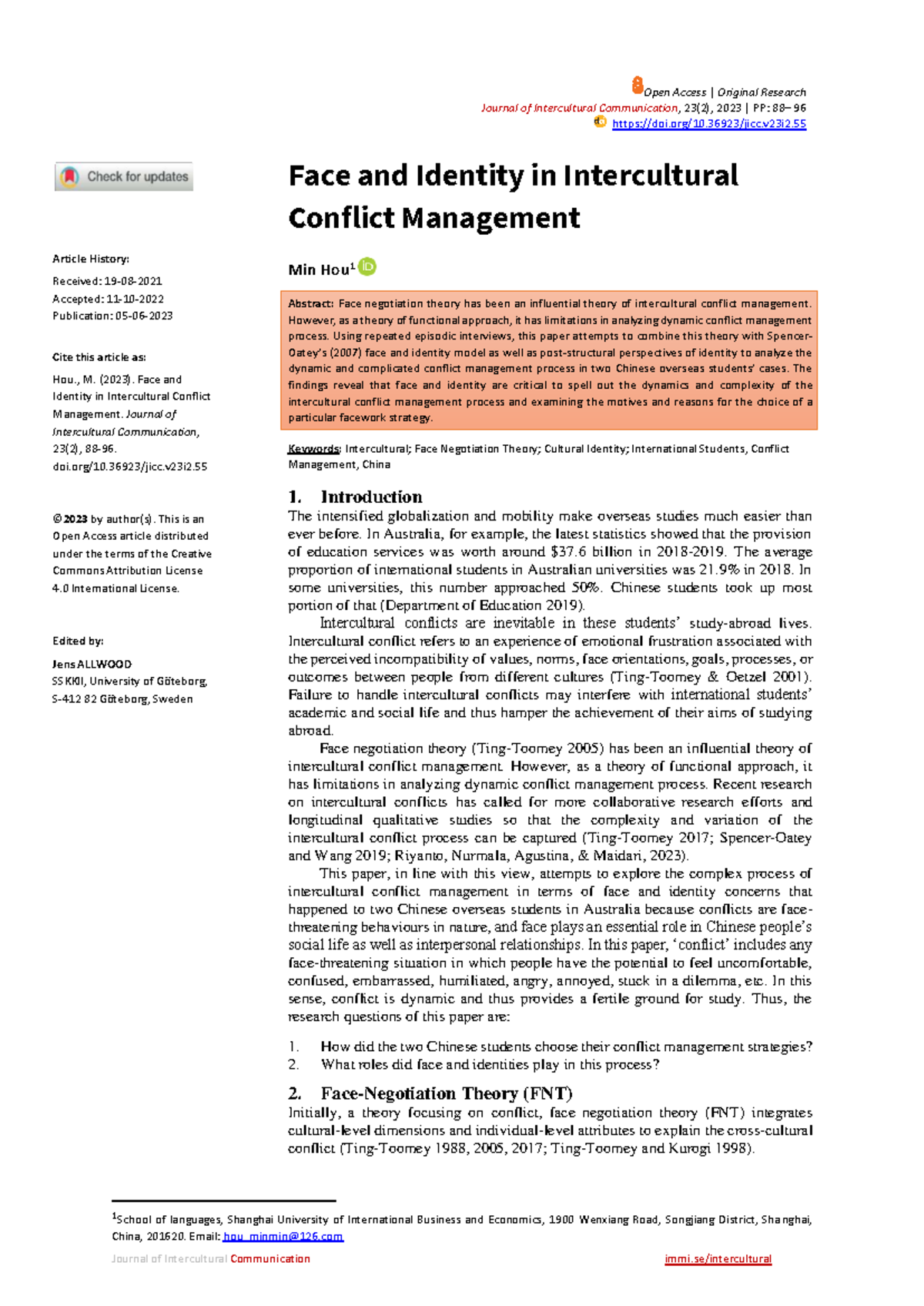 Face and Identity in Intercultural Conflict Management: Insights from ...